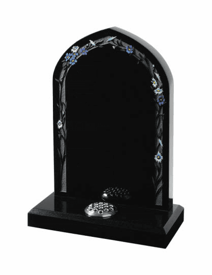 A fresh interpretation of the traditional gothic shape, your chosen inscription is framed within a delicate floral arbour. Shown here in the very popular classic Black granite.