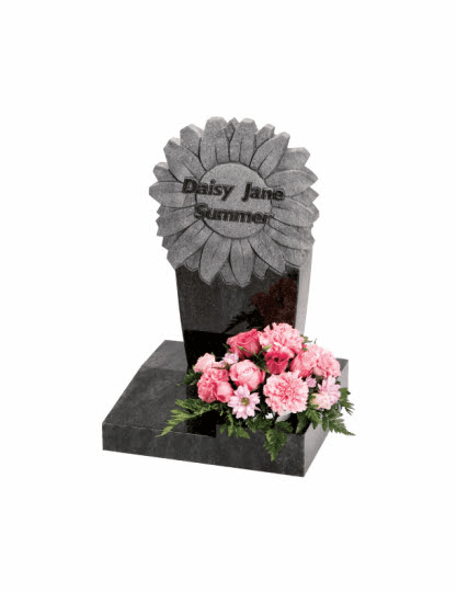 A loved ones name can be sculptured to the flowerhead adding to this modest Imperial Green granite memorial.