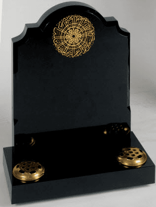 An established shaped all polished Black granite memorial shown here with an Islamic prayer ornament.