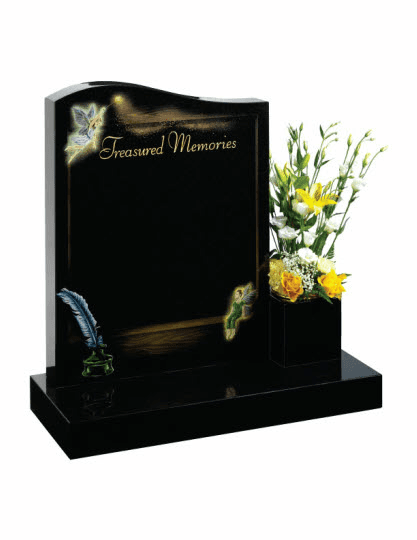 The sweeping shape and inspirational design create a magical 'fairytale' memorial. Shown in the classic Black granite.