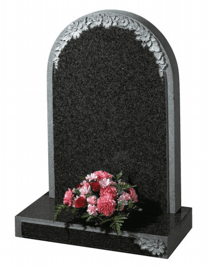 Part polished South African Dark Grey granite with carved flowers to headstone and base.