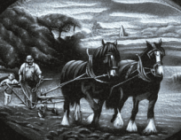 A black and white painting of two horses pulling a plow