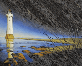 A painting of a lighthouse in the middle of a body of water