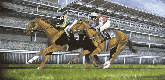 A painting of two horses racing on a track.
