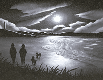 A black and white painting of a family walking their dogs on a beach at night.