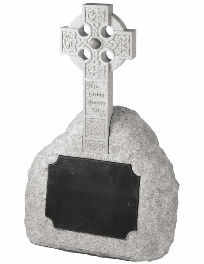 Based upon an historical Celtic wheel cross with intricate knotwork, this Impala granite memorial sits as if rising from a rustic boulder. The inlaid panel is non-reflective "honed" Black granite.