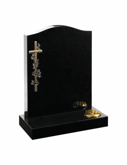 Ogee top memorial with carved design, painted to give a '3D' effect shown on Black Classic granite.