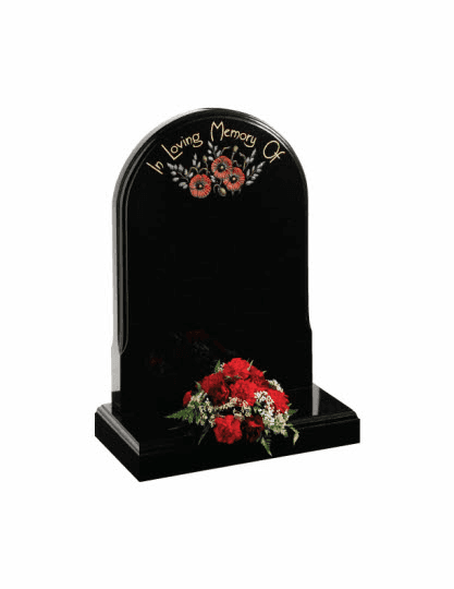 This stylish memorial comes with a moulded edge to front and back giving a refined slender appearance to a classic 'Norman round' shape. The memorial shown is in the very popular all polished black.