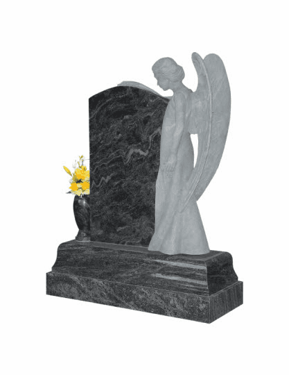 Serene beauty is reflected in the elegant features of this angel sculpture, carved from Lavender Blue granite.