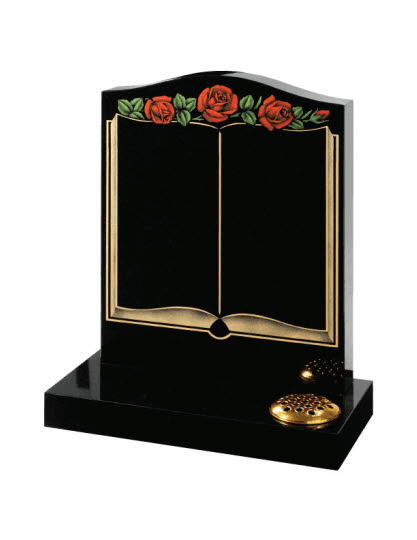 An all polished Black granite memorial with ogee top decorated with coloured roses and open book.