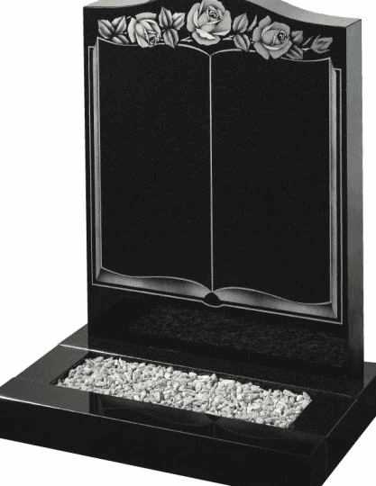 An all polished Black granite memorial with ogee top decorated with monochrome roses and open book.