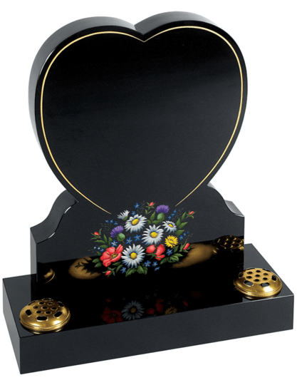 A beautiful posy design and gilded line adds something special to the elegant heart shaped black granite memorial