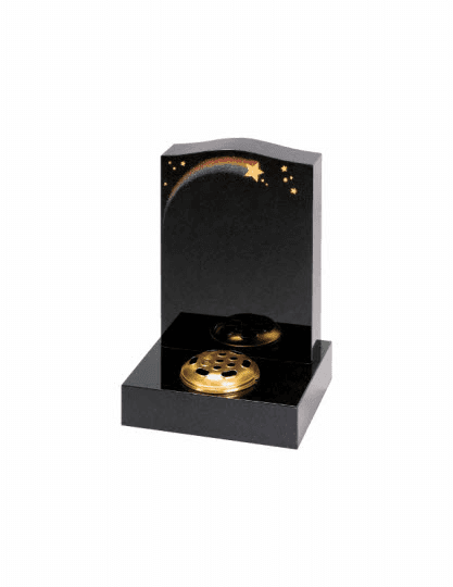A fleeting moment in ones life is symbolised by this colourful shooting star design on this Black granite ogee top memorial. This option is also available with a poem, please ask for details.