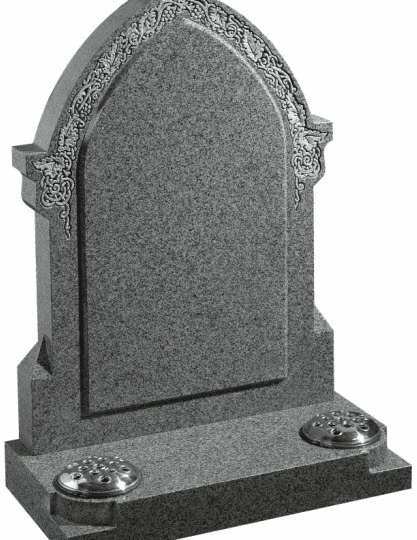 Traditionally shaped headstone in Karin Grey granite with characteristic raised inscription panel.