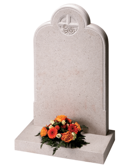Nabresina memorial with finely moulded edges, rounded shoulders and carving of a delicate cross and rose.