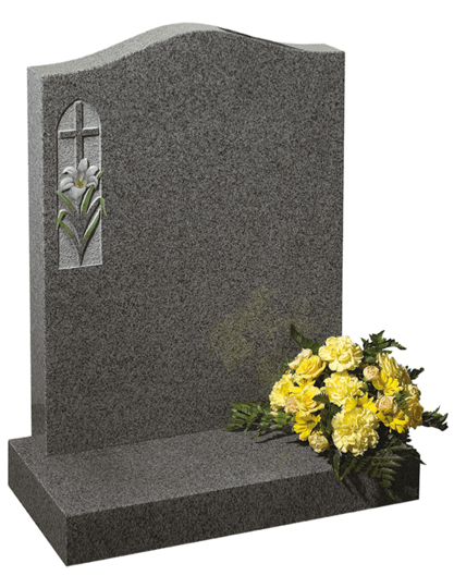In Karin Grey granite, this ogee shaped memorial has a simple cross and painted flower in relief.