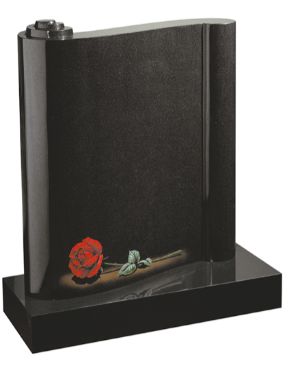 An unconventional, stylised scroll headstone in the very popular Classic Black granite. Hand painted single Red Rose design.