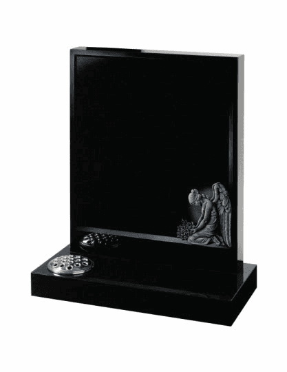 This simple oblong, all polished Black granite memorial has a beautiful kneeling angel sympathetically drawn into the stone.