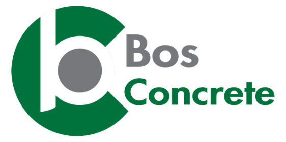 Logo for Bos Concrete, green circle with a grey circle inside, the letters 