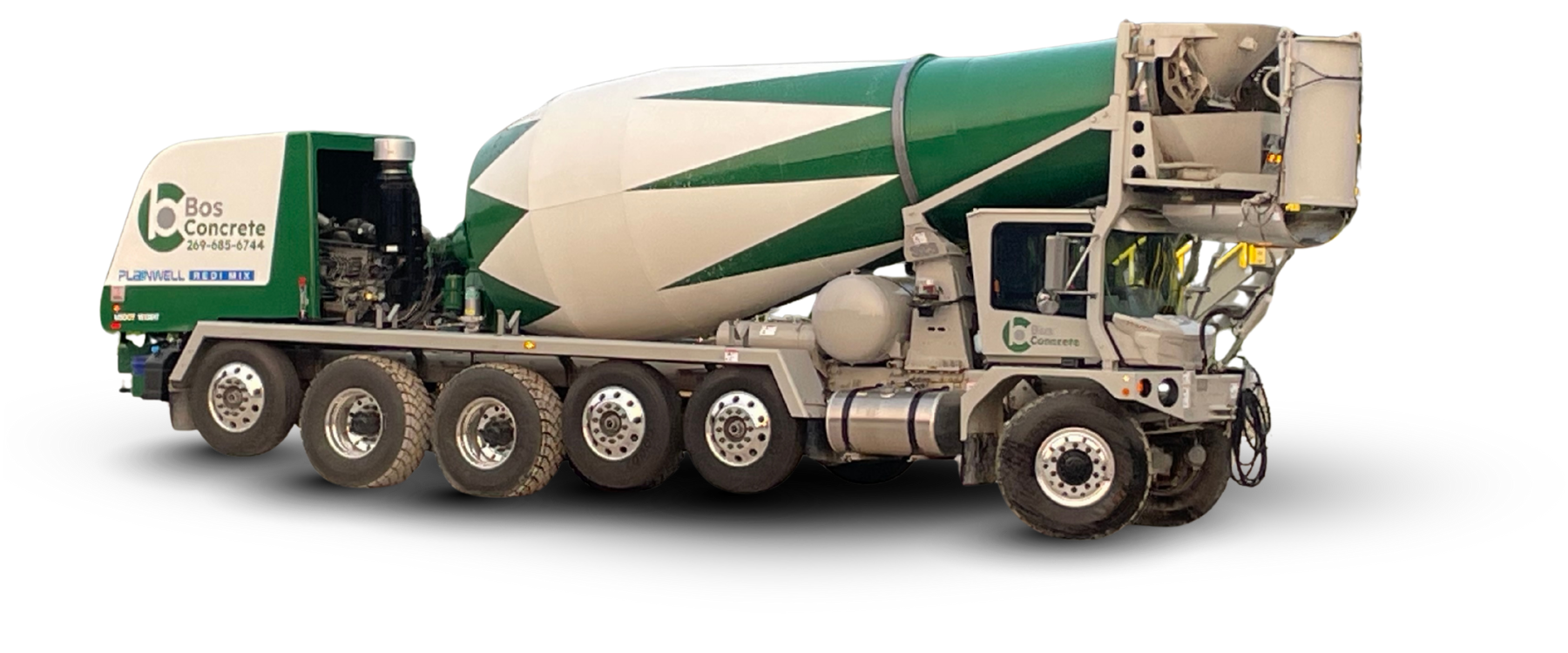 Cement mixer truck, green and white, on a white background.