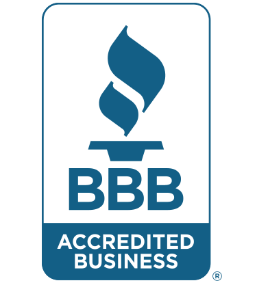 The logo for the bbb accredited business is blue and white.