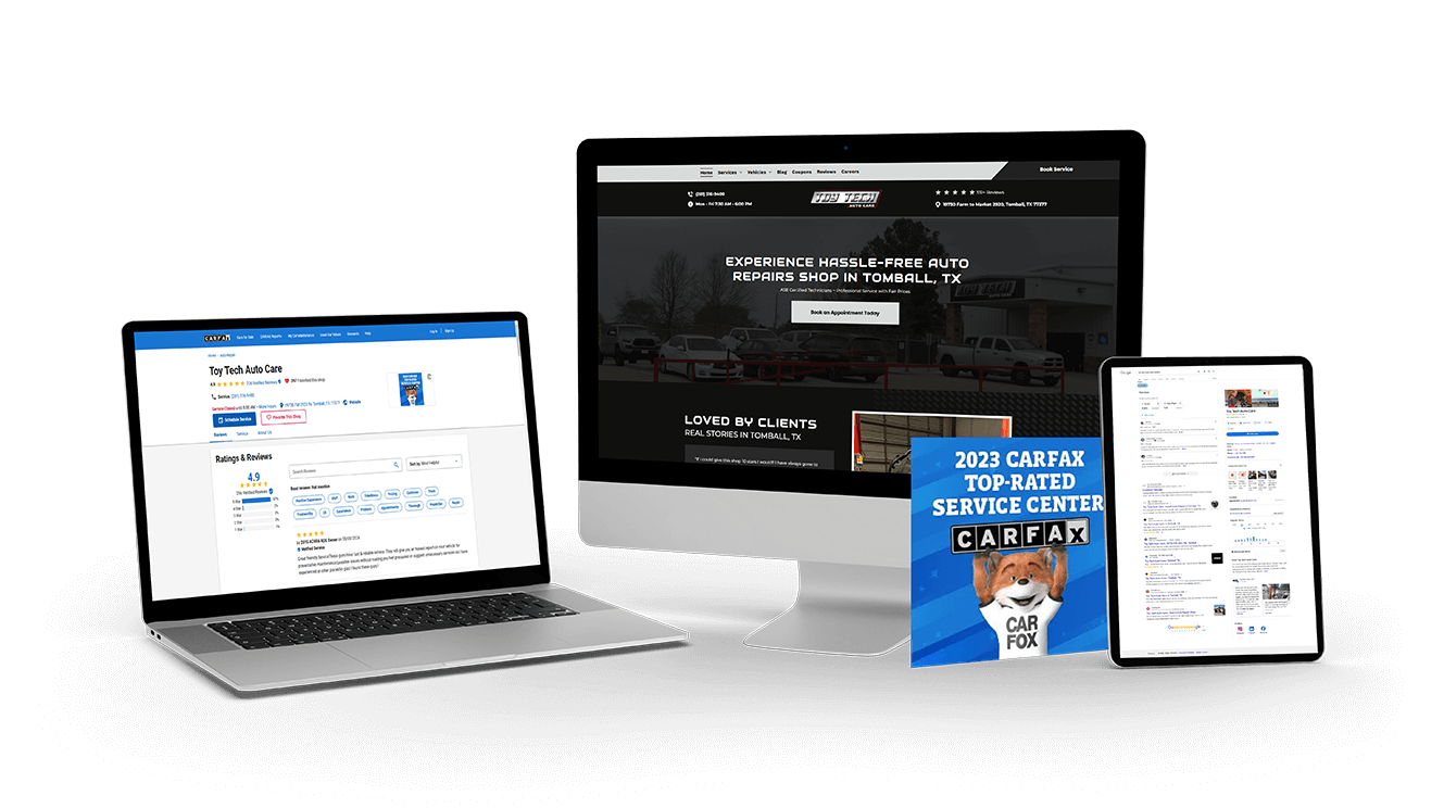 Laptop, desktop, tablet, and poster displaying a website and social media content. | Toy Tech Auto Care
