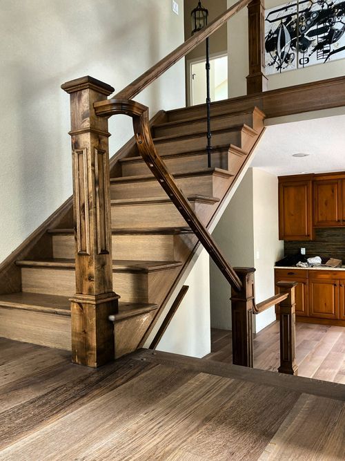a wooden stair case in a home with wood floors