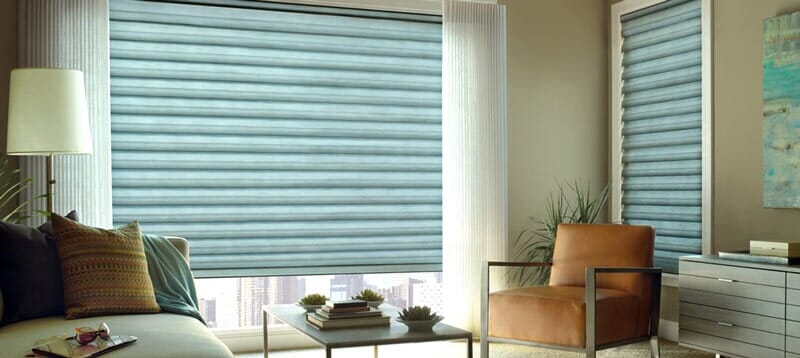 Bedroom with Blue Blinds - Raymonde Draperies and Window Coverings in San Diego, CA