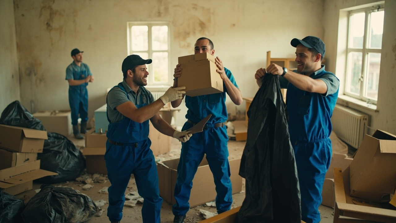 Eine Gruppe Männer in blauen Overalls steht in einem Raum voller Kisten in Pforzheim.