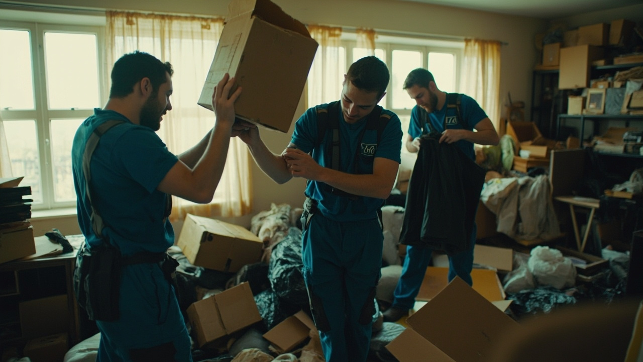 Drei Männer stehen in einem unordentlichen Raum in Pforzheim und halten Kisten.