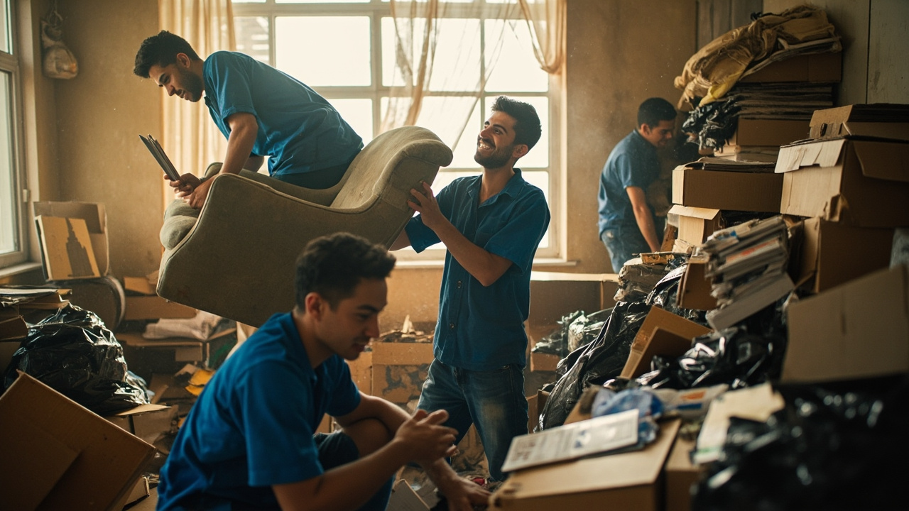 Eine Gruppe Männer bewegt Möbel in einem unordentlichen Raum in Pforzheim.
