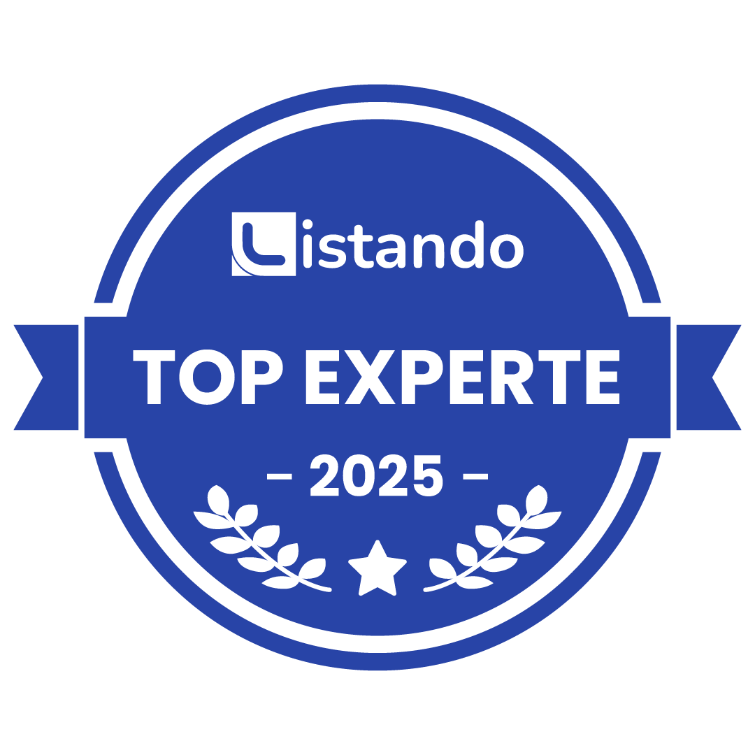 Ein blaues Abzeichen mit der Aufschrift „listando top experte 2024“.