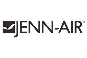 The jenn-air logo is black and white and has a bird on it.