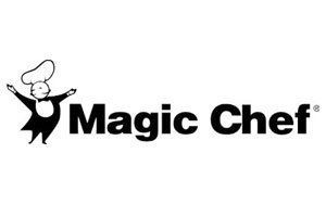 A black and white logo for magic chef with a chef in a chef 's hat.