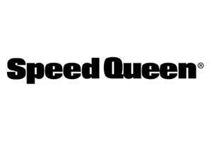 A black and white logo for speed queen on a white background.