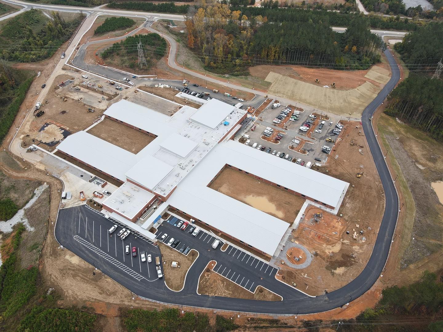 An aerial view of a large building under construction
