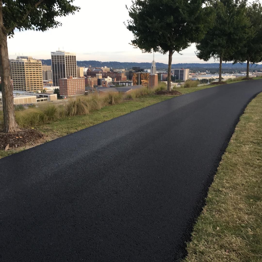 A road with trees on the side and a city in the background