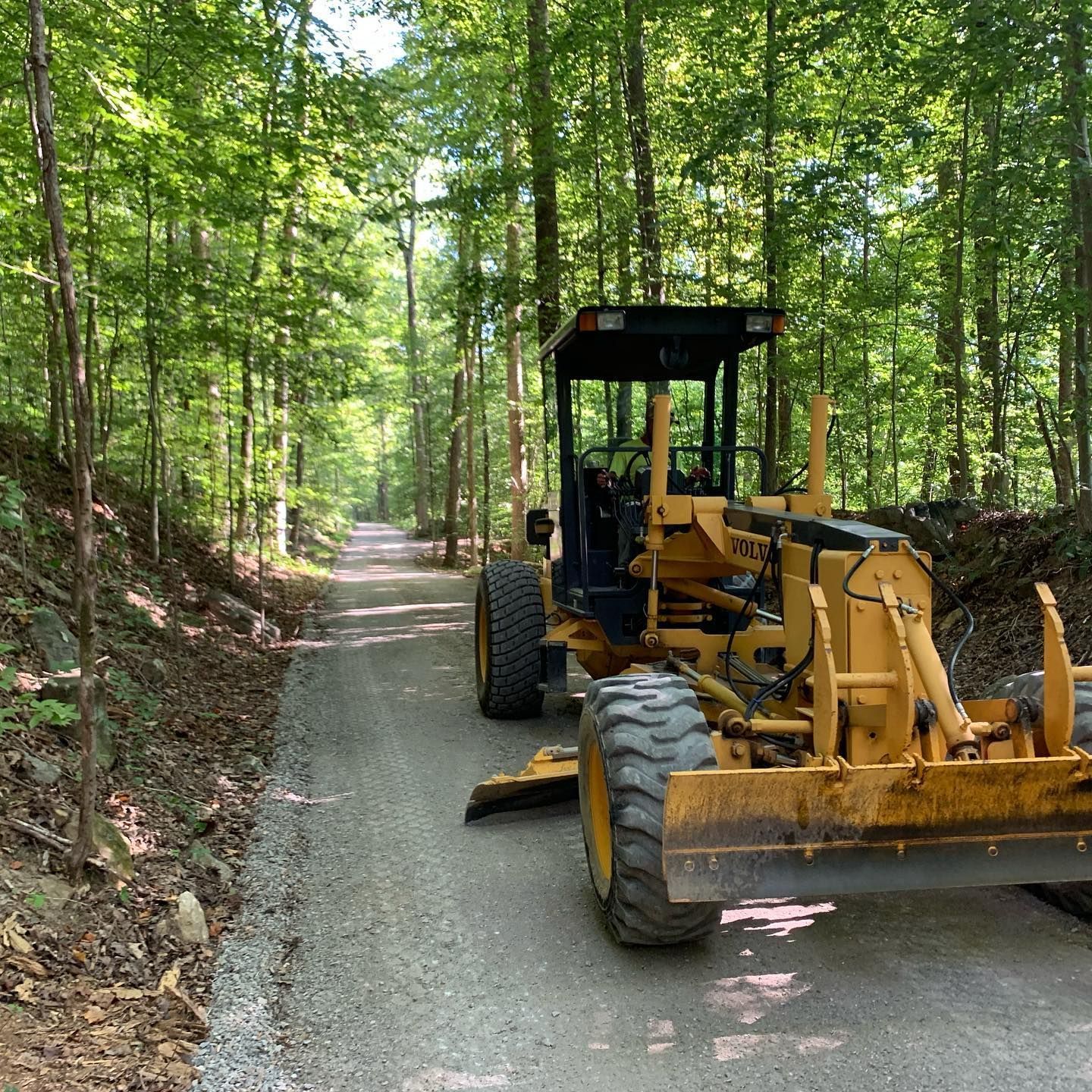 A yellow tractor is driving down a dirt road in the woods