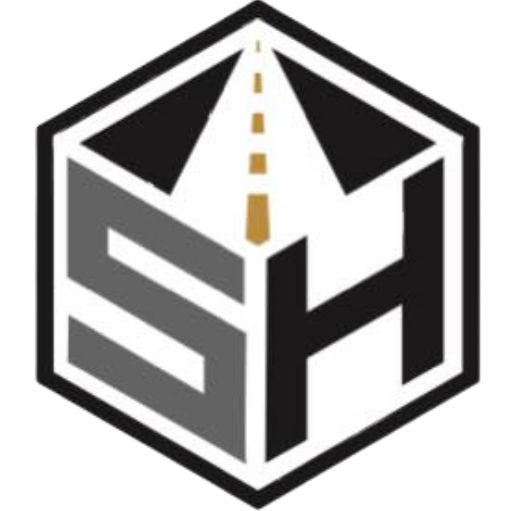 A logo for a company called sh with a road in the middle.