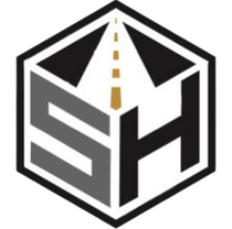 A logo for a company called sh with a road in the middle.