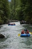 A group of people are rafting down a river.