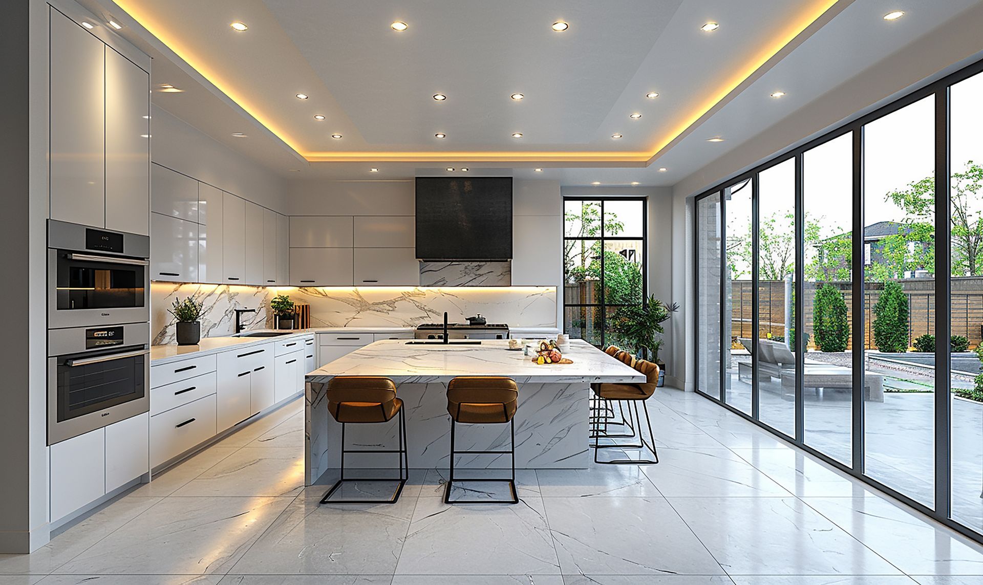 Modern white kitchen with marble countertops and island; large windows overlooking a patio.