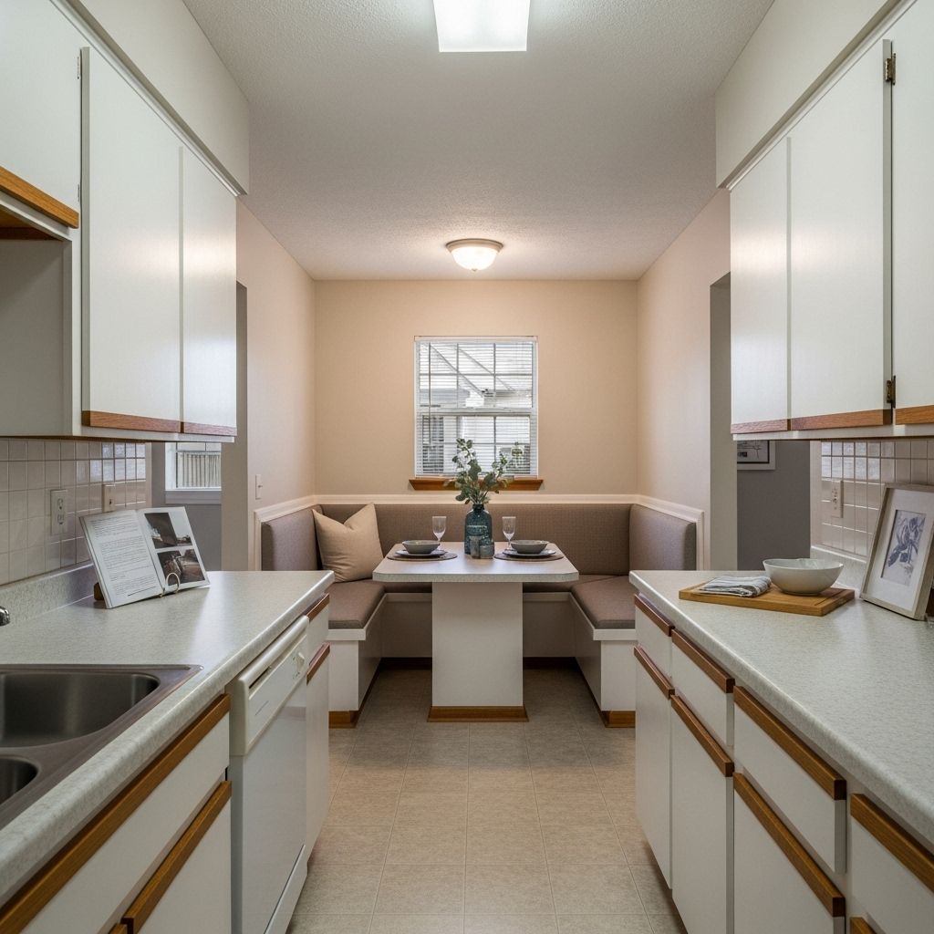 Kitchen with white cabinets, countertop, and dining nook with built-in seating.