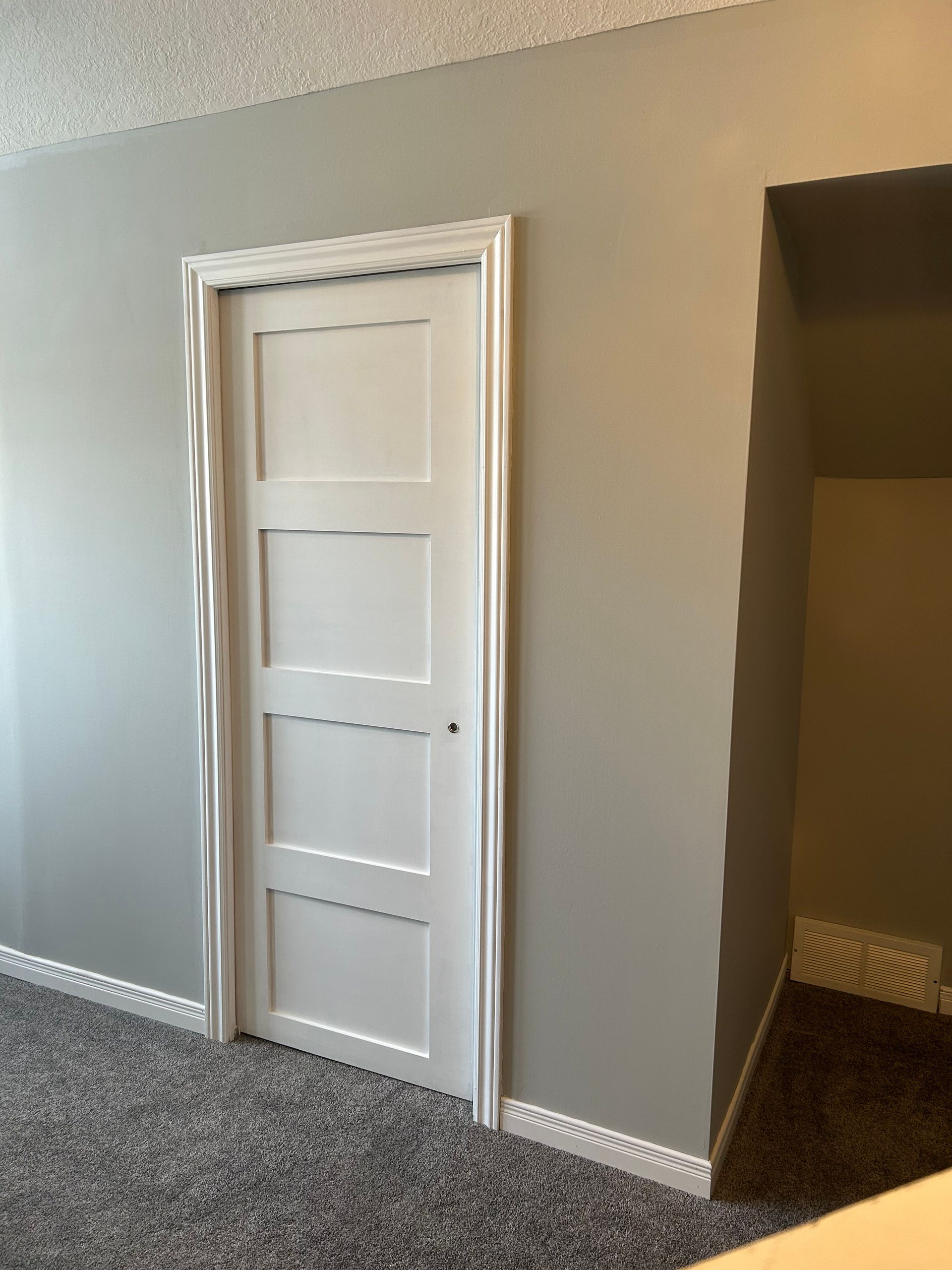 White door with four panels, framed in white, set into a gray wall. Carpeted floor.