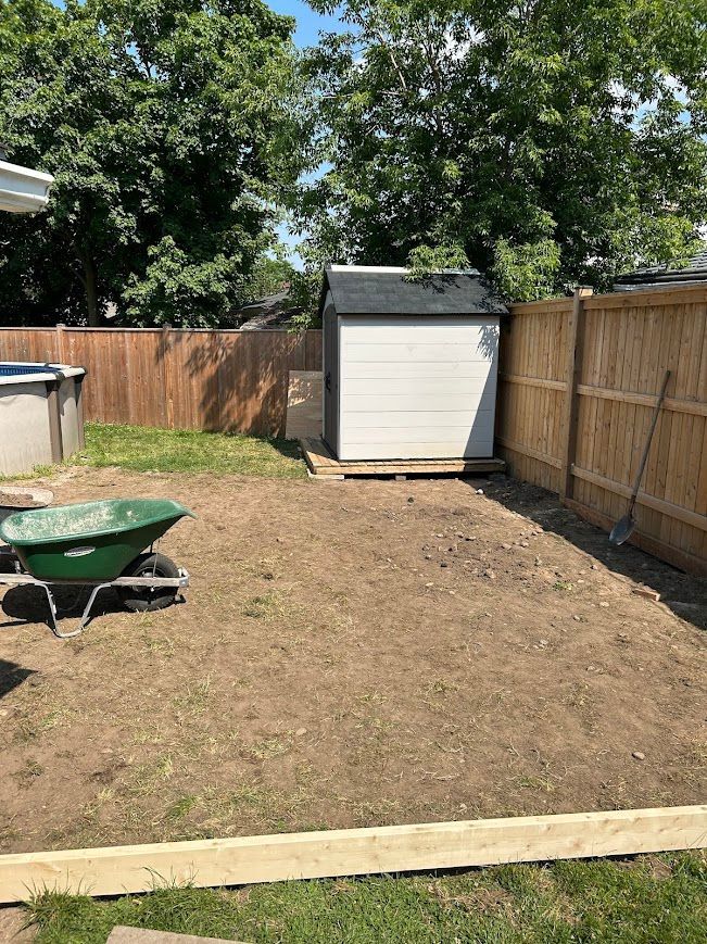 Backyard with shed, wheelbarrow, and wooden fence on a sunny day. Dirt patch in the middle.