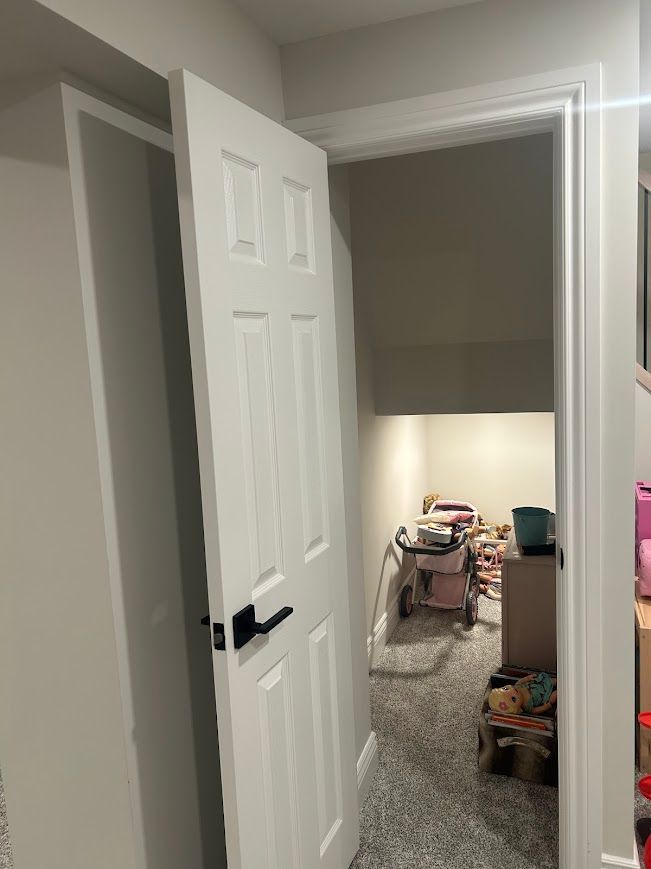 White door ajar, leading to a small, cluttered closet under stairs. Carpeted floor, light walls.