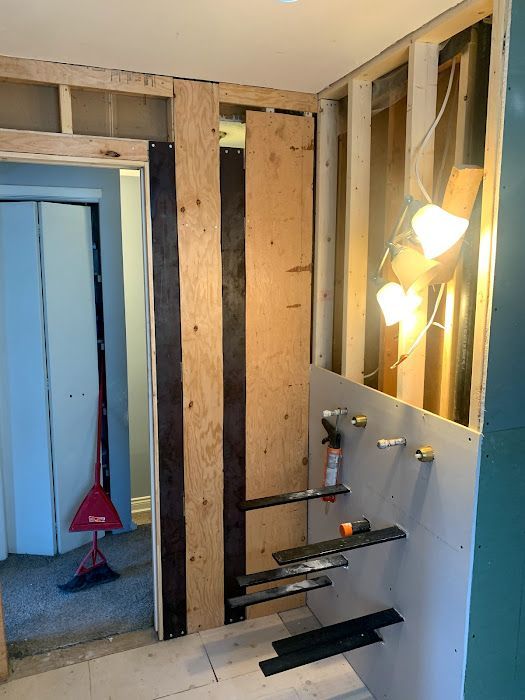 Bathroom under renovation with exposed studs, plumbing fixtures, and plywood backing for shelves.