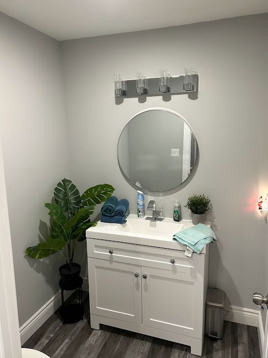 Small bathroom with white vanity, round mirror, and gray walls; decorative plant on the left.