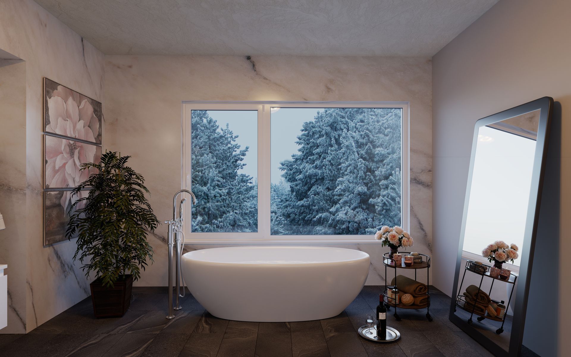 Bathroom with a freestanding tub, large window overlooking snowy trees, and a full-length mirror.