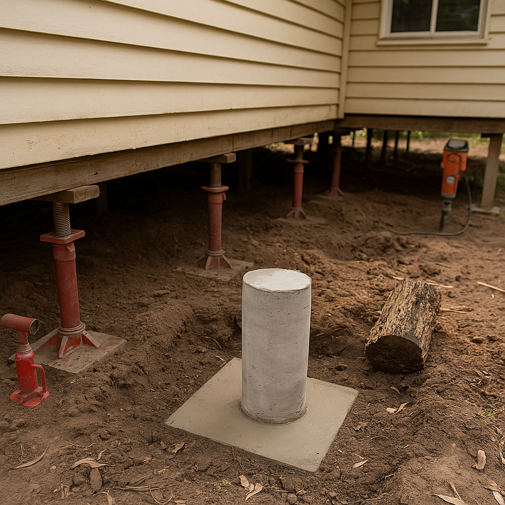 House being jacked up for foundation repair; dirt ground, red jacks, concrete pillar.